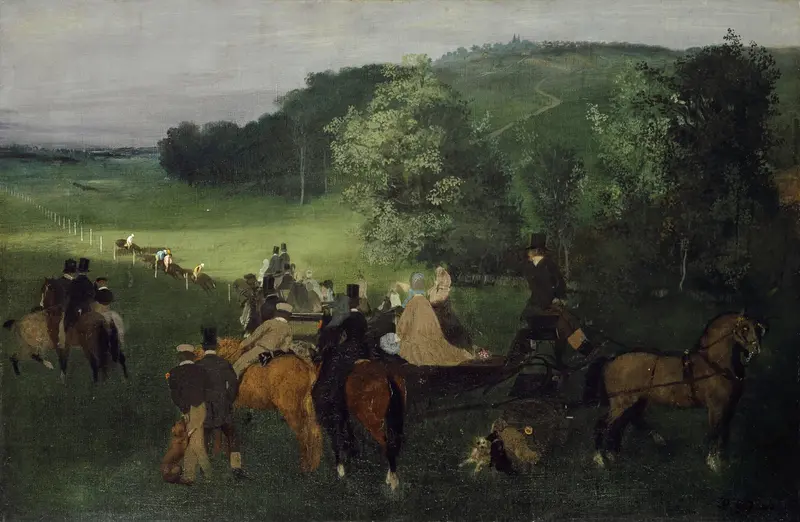 At the Racecourse, oil on canvas by Edgar Degas showing a lively horse race scene