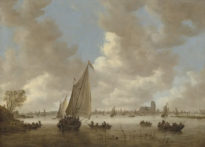 Oil painting by Jan van Goyen depicting Dordrecht with river and village buildings.