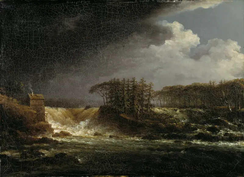 Landscape featuring a waterfall and rocks, oil painting by Carl Johan Fahlcrantz