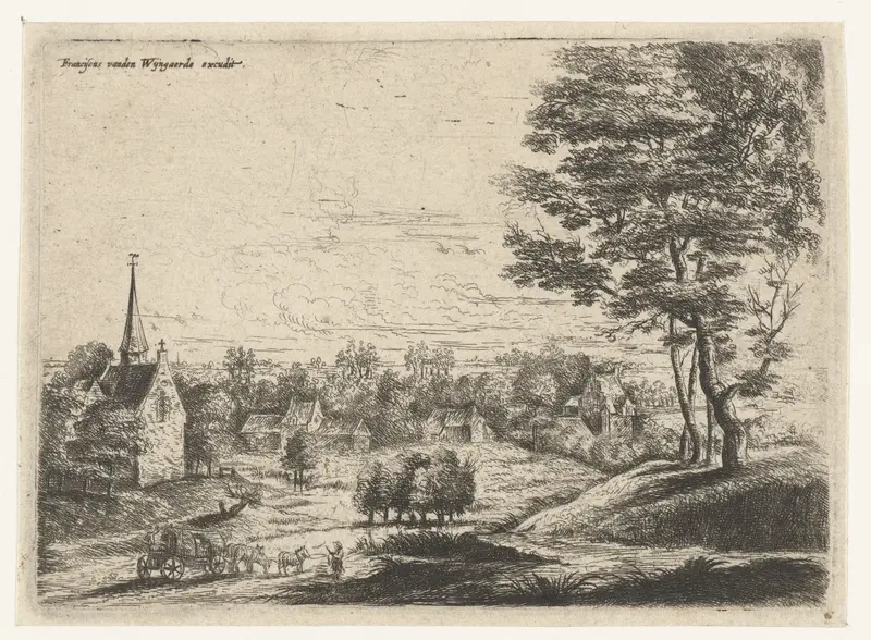 Etching by Lucas van Uden showing a village with a covered wagon.