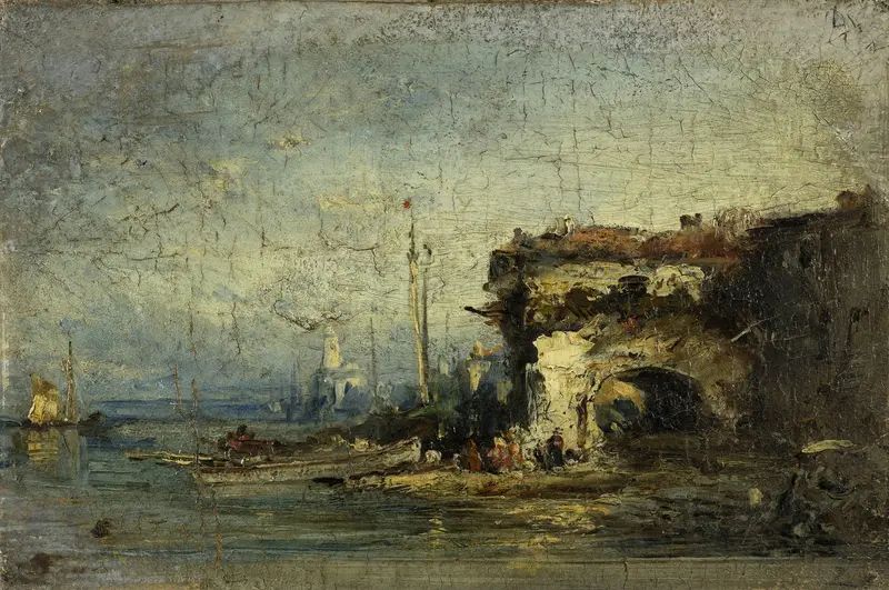 Oil painting by Félix Ziem depicting a weathered door in ochre and terracotta