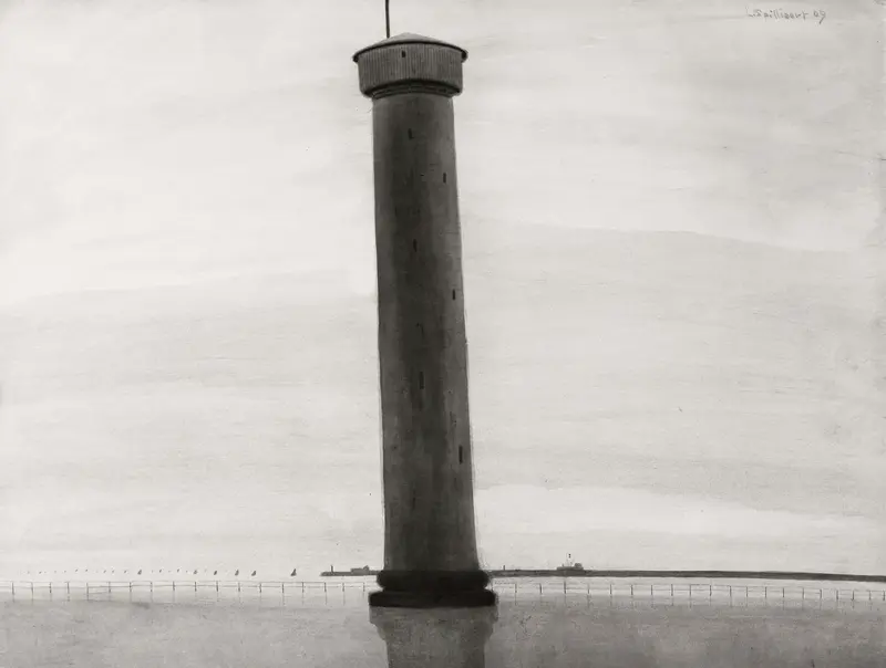 Lighthouse at night, light and shadow interplay, Léon Spilliaert, oil painting
