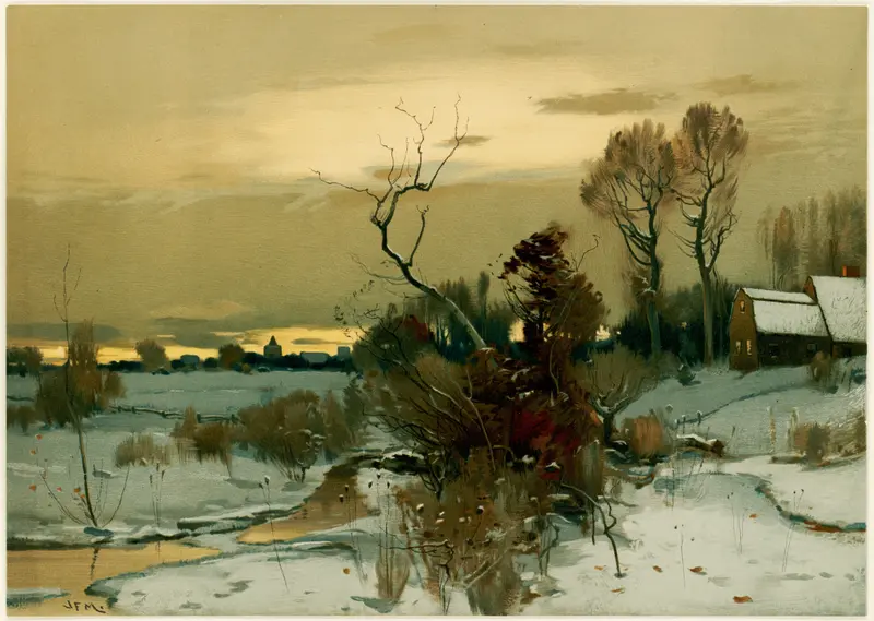 Winter landscape by John Francis Murphy, oil painting of a serene snowy scene.