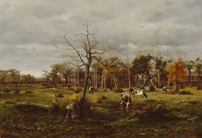 Autumn Landscape by Victor Westerholm, oil on canvas depicting trees and twilight colors