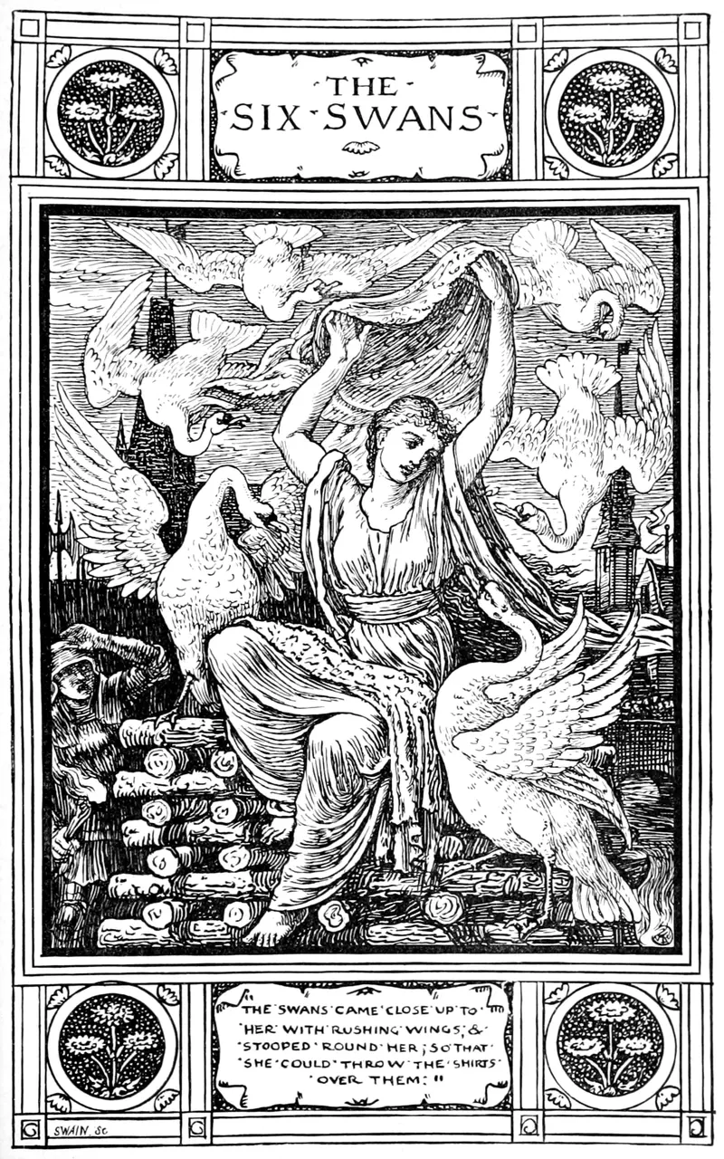 Walter Crane's 'The Six Swans' depicts a fairy tale scene with vibrant colors and intricate details.