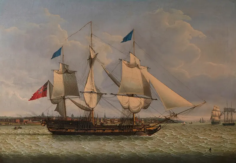 Man O’ War Off Liverpool by Robert Salmon, oil painting depicting a ship with sails in a stormy ocean