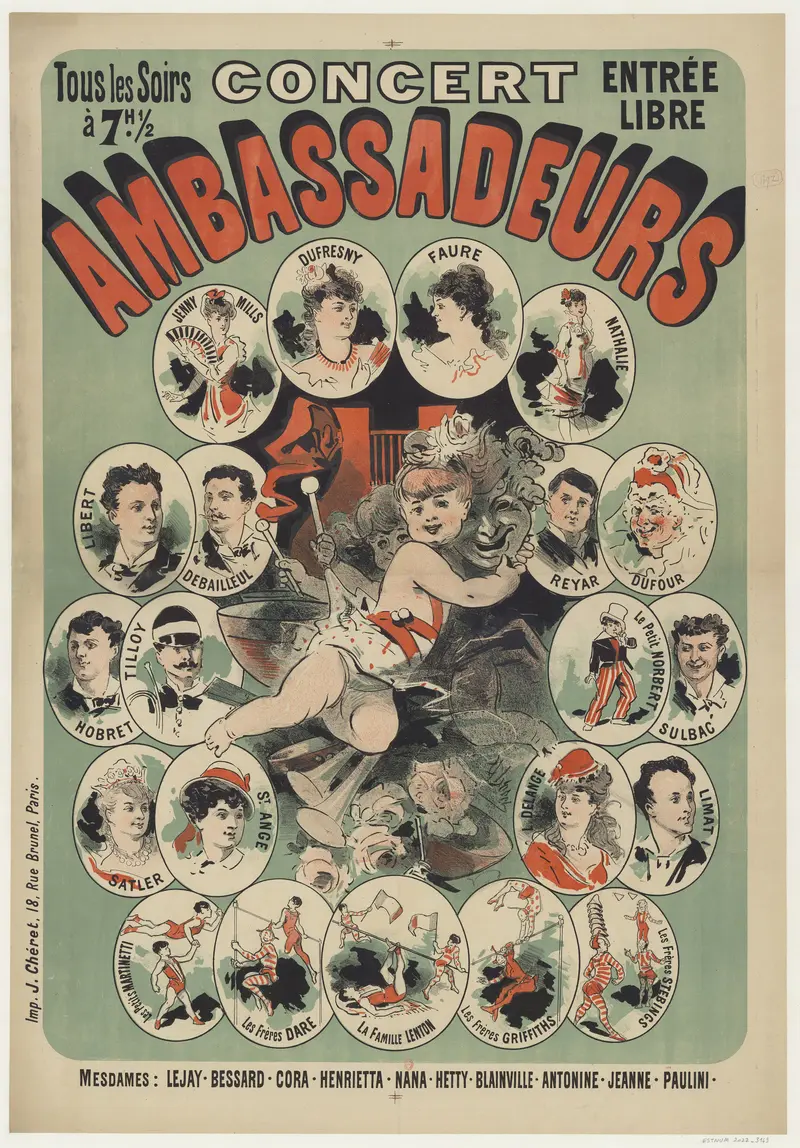 A vibrant depiction of a lively concert scene by Jules Chéret.