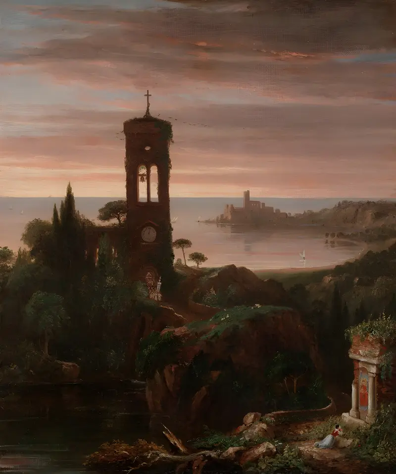 A serene landscape painting by Thomas Cole depicting a tranquil sunset.