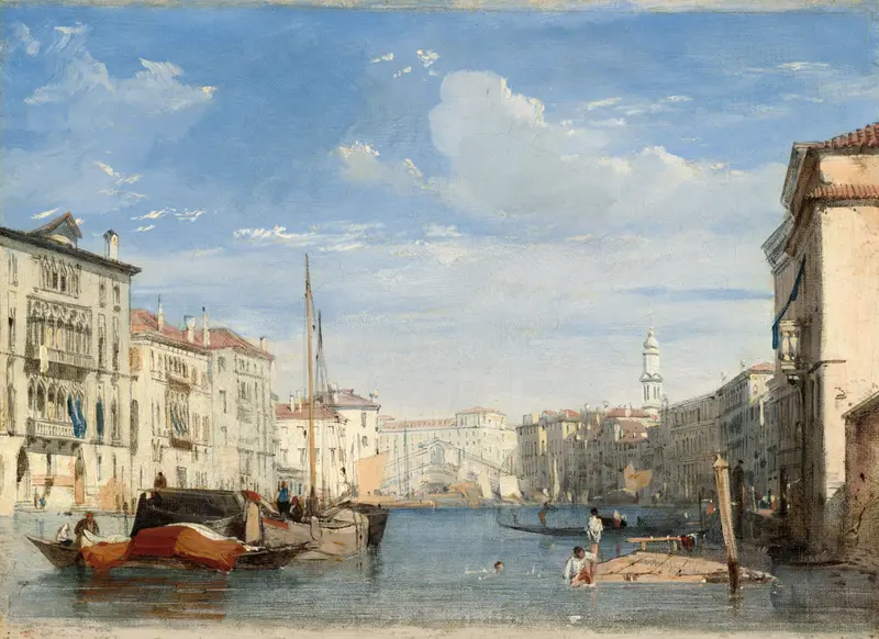 The Grand Canal by Richard Parkes Bonington, oil on canvas showing twilight reflections on water
