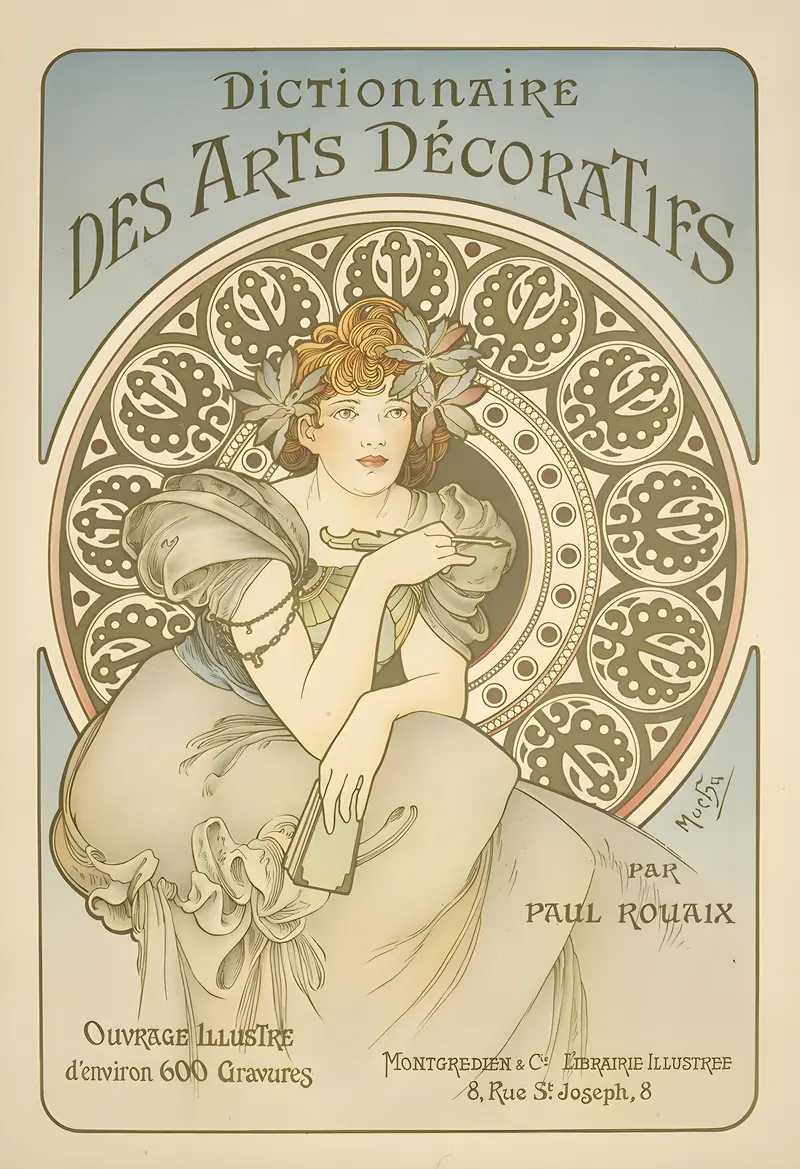 Alphonse Mucha's 'Dictionnaire des Arts Décoratifs' showcases intricate designs characteristic of the Art Nouveau movement.
