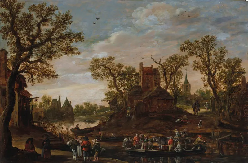 The Ferry by Jan van Goyen, oil on canvas depicting a ferry on a tranquil river at sunset.