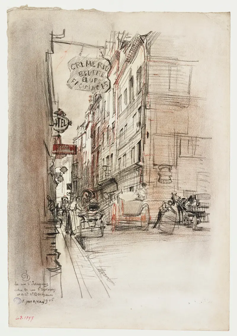 Rue Saint Jacques by Charles Jouas, impressionism, depicting a vibrant street scene with pastel buildings.