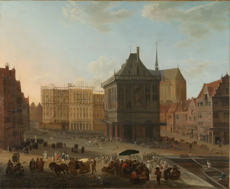 The Dam in Amsterdam with the new Town Hall under Construction by Jacob van der Ulft, oil painting.
