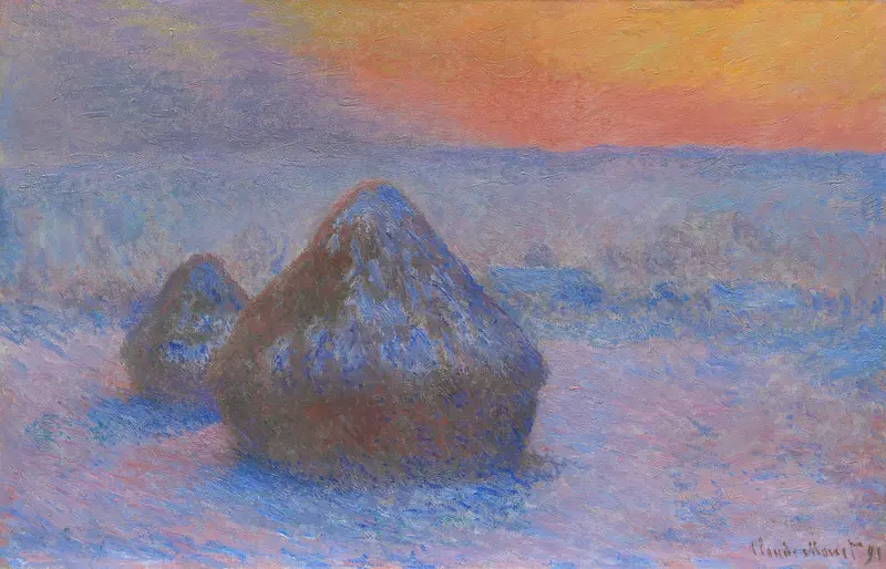 Stacks of Wheat (Sunset, Snow Effect) by Claude Monet, oil painting
