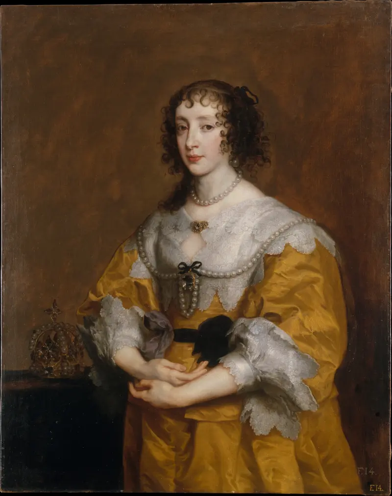 A woman in a golden-yellow gown with white lace and pearls stands before a brown background with a gold crown on a table to her left.