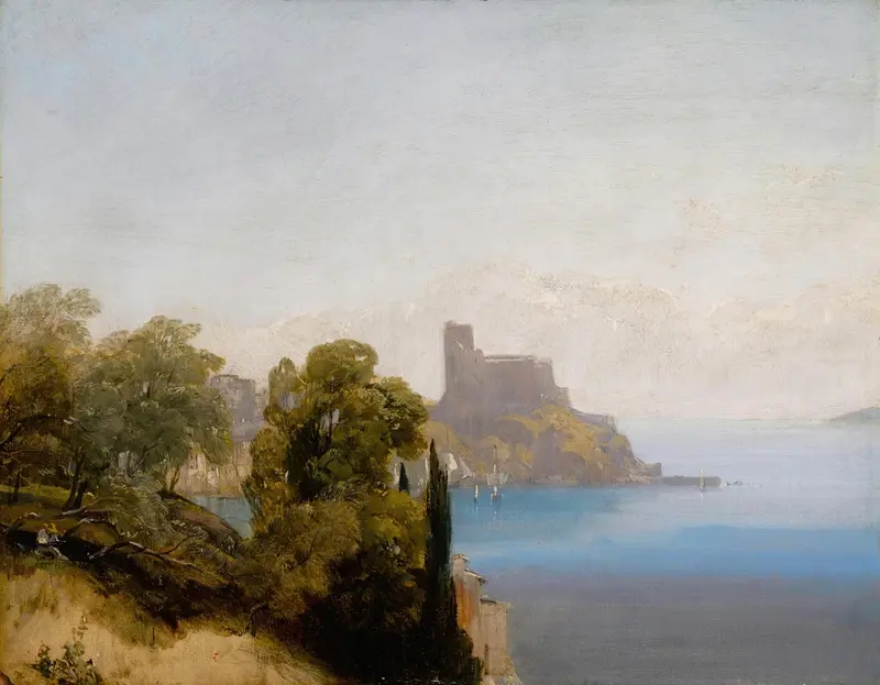 Landscape of Lerici with Baron Charles Rivet sketching, by Richard Parkes Bonington, oil painting