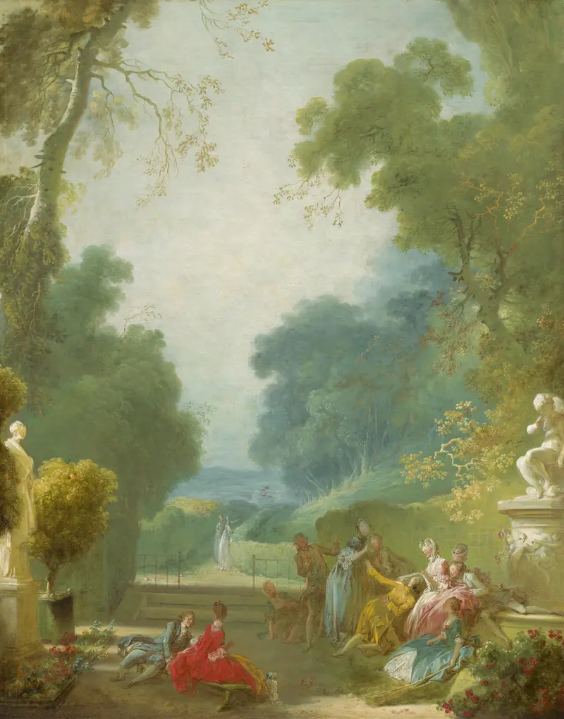 A Game of Hot Cockles, oil painting by Jean-Honoré Fragonard showing playful figures in a lush setting.