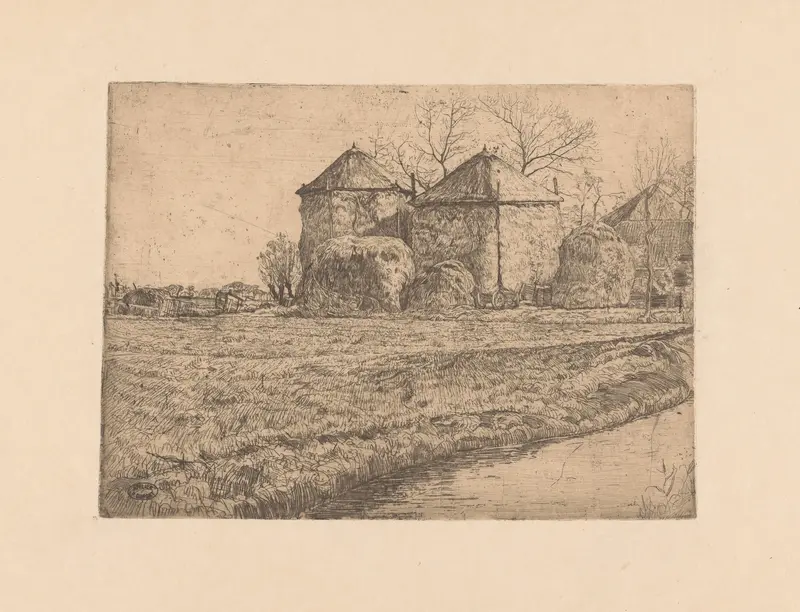 Oil painting by Pieter Dupont depicting a farm landscape with two hay barns and lush fields.