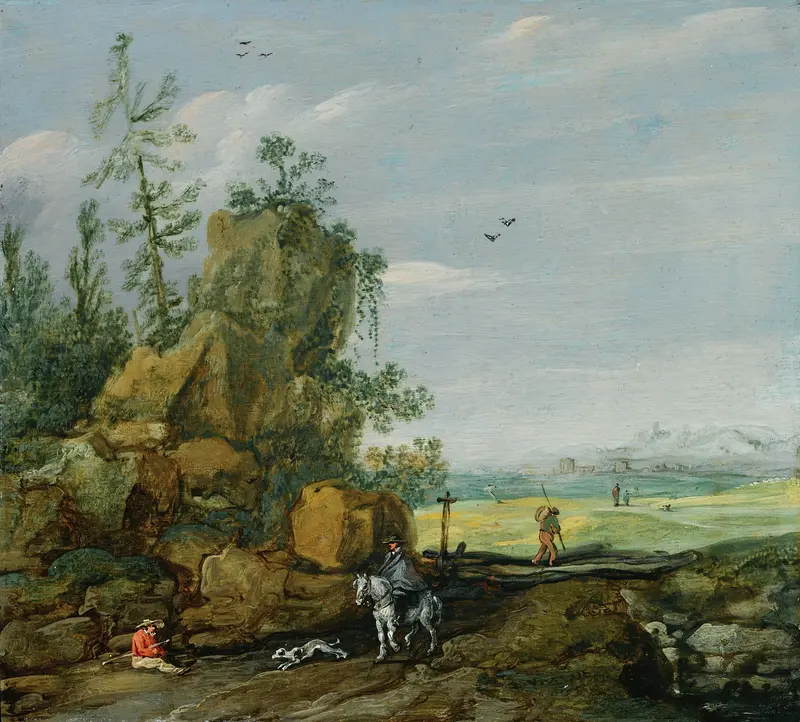 A Rocky Landscape With Travellers And A Horseman On A Path, oil on panel by Esaias van de Velde