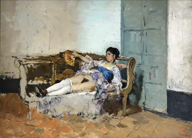 Carmen Bastián by Mariano Fortuny Marsal depicts a woman in a vibrant dress amidst a lively scene.