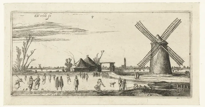 Schaatsers op het ijs bij een molen in de buurt van Penningsveer, etching by Esaias van de Velde