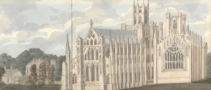 Ely Cathedral by Anne Rushout, watercolor on paper, featuring gothic architecture and sunlight.
