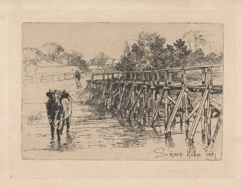 Engraving by Francis Seymour Haden depicting a tranquil river scene in a village