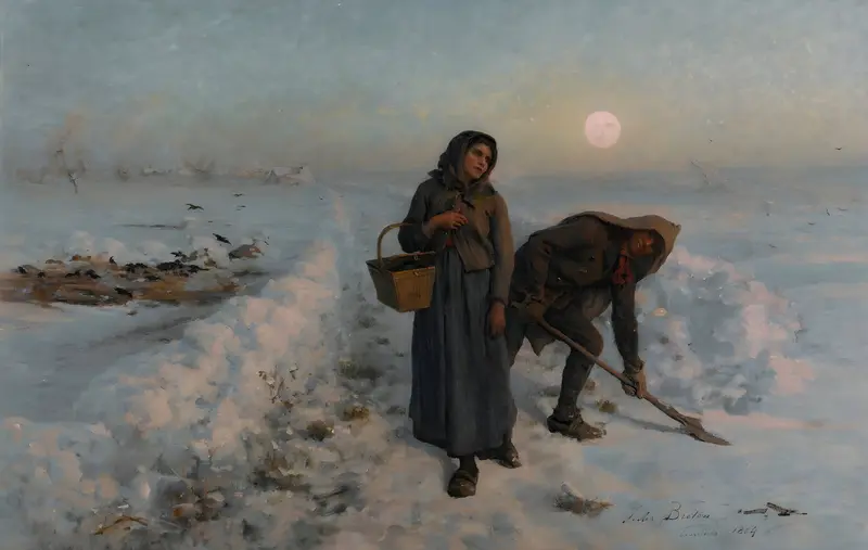 A winter landscape painting by Jules Breton depicting a rural scene.