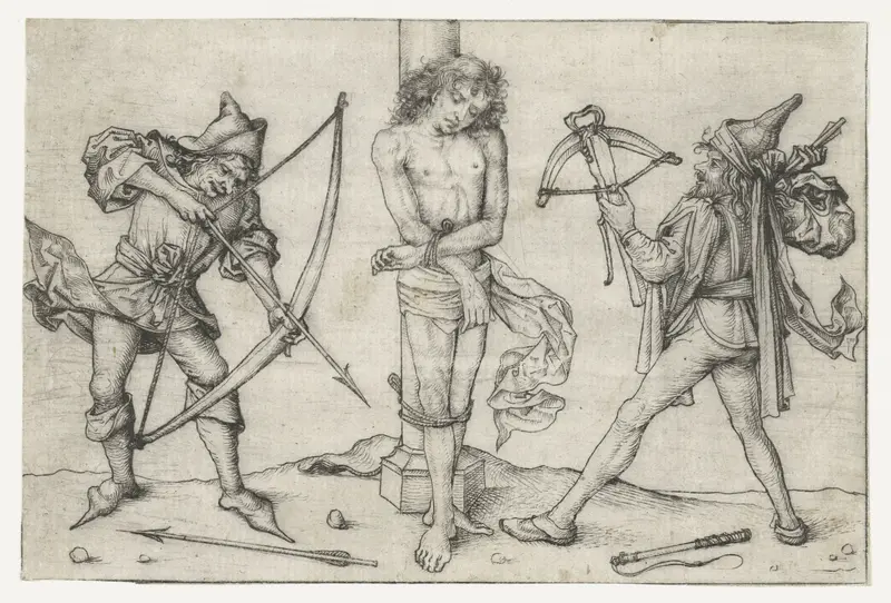 Heilige Sebastiaan met boogschutters, drypoint by Meester van het Amsterdamse Kabinet, depicting Saint Sebastian with archers.
