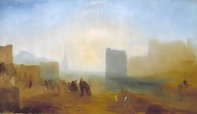 A classical harbour scene with ancient ruins and contemporary ships, illuminated by golden light.