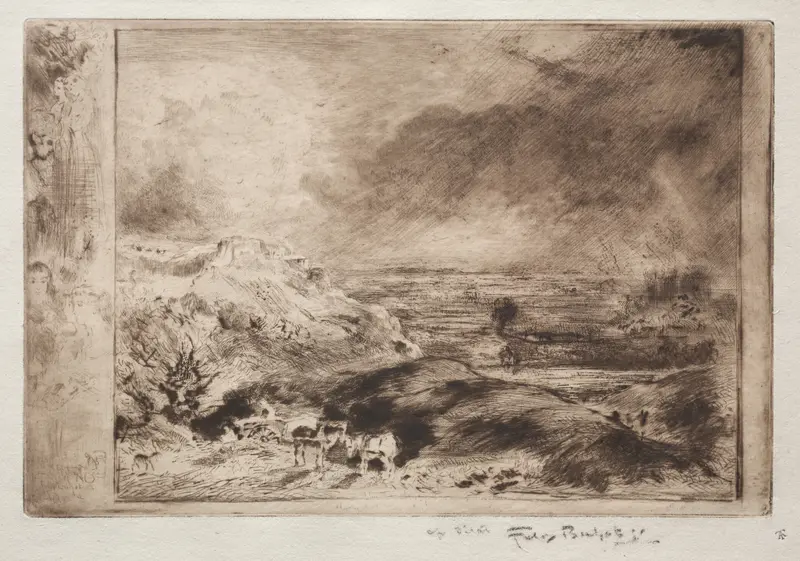 The Storm, after Constable by Félix Hilaire Buhot, etching showing swirling clouds and a stormy sky