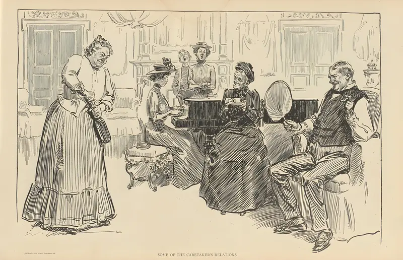 A humorous drawing depicting the caretaker's relations in a grand domestic interior.