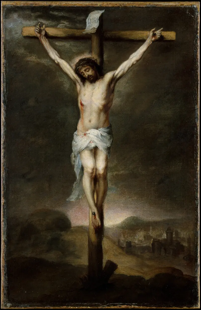 The Crucifixion by Bartolomé Estebán Murillo depicts Christ on the cross in a moment of serene surrender.