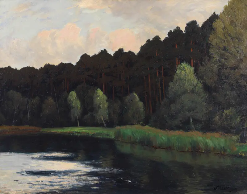 Landscape of Grunewaldsee by Walter Leistikow, oil painting depicting trees and reflections on water.