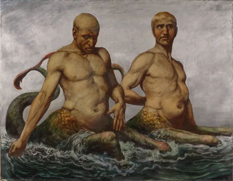 Hans Thoma's 'Meermänner' depicts mythical sea men in a vibrant underwater scene.
