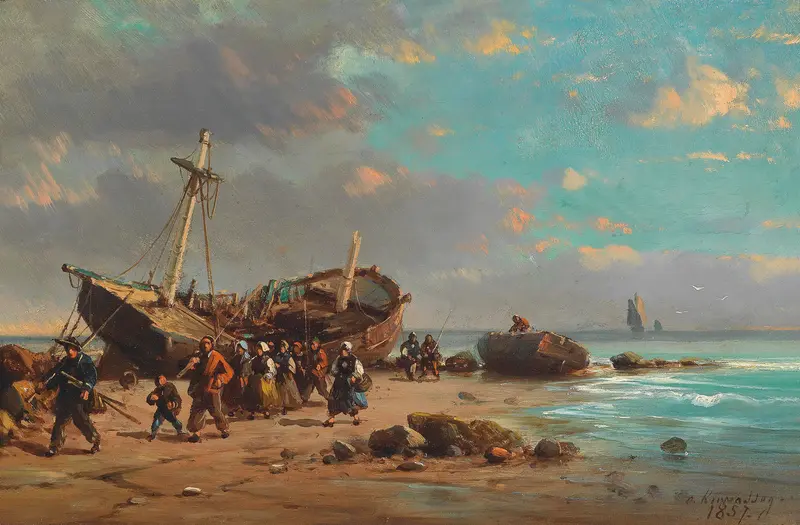 Fischer am Strand by Charles Euphrasie Kuwasseg, oil painting of a fisherman at twilight