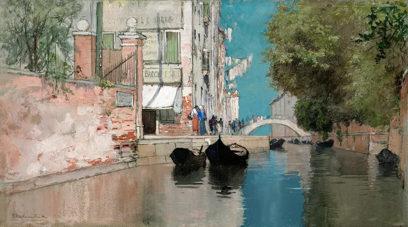 Gondola gliding on water in Venice, oil painting by Francis Hopkinson Smith