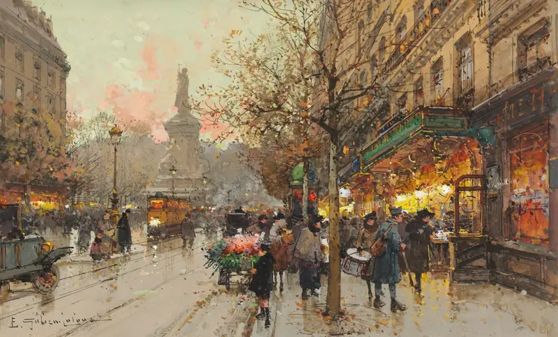 Place De La République by Eugène Galien-Laloue, oil on canvas depicting a bustling square at twilight.