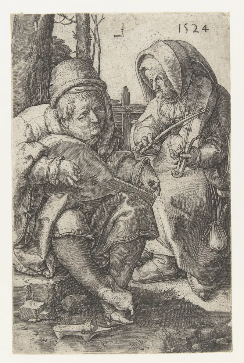 Engraving by Lucas van Leyden depicting musicians in detailed garments