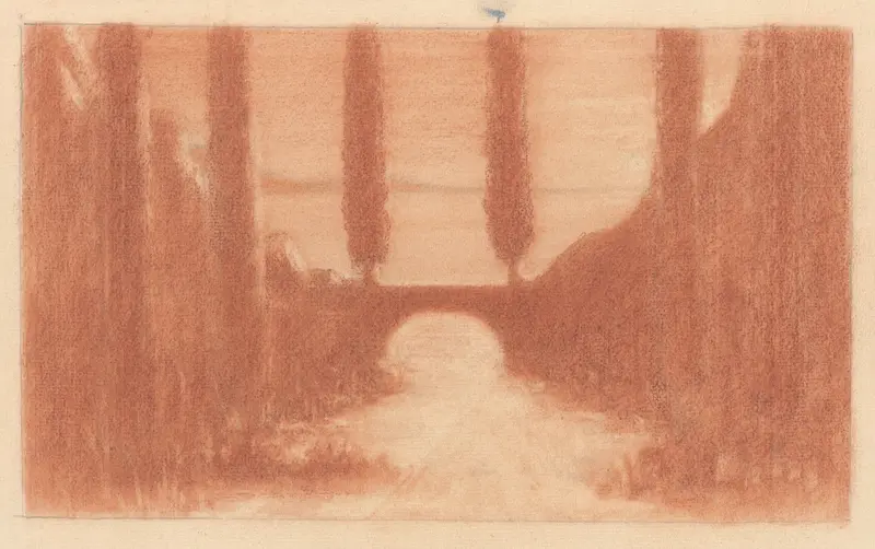 Landscape with Bridge and Cypress Trees by Herbert Crowley, oil on canvas, featuring cypress trees and serene waters.