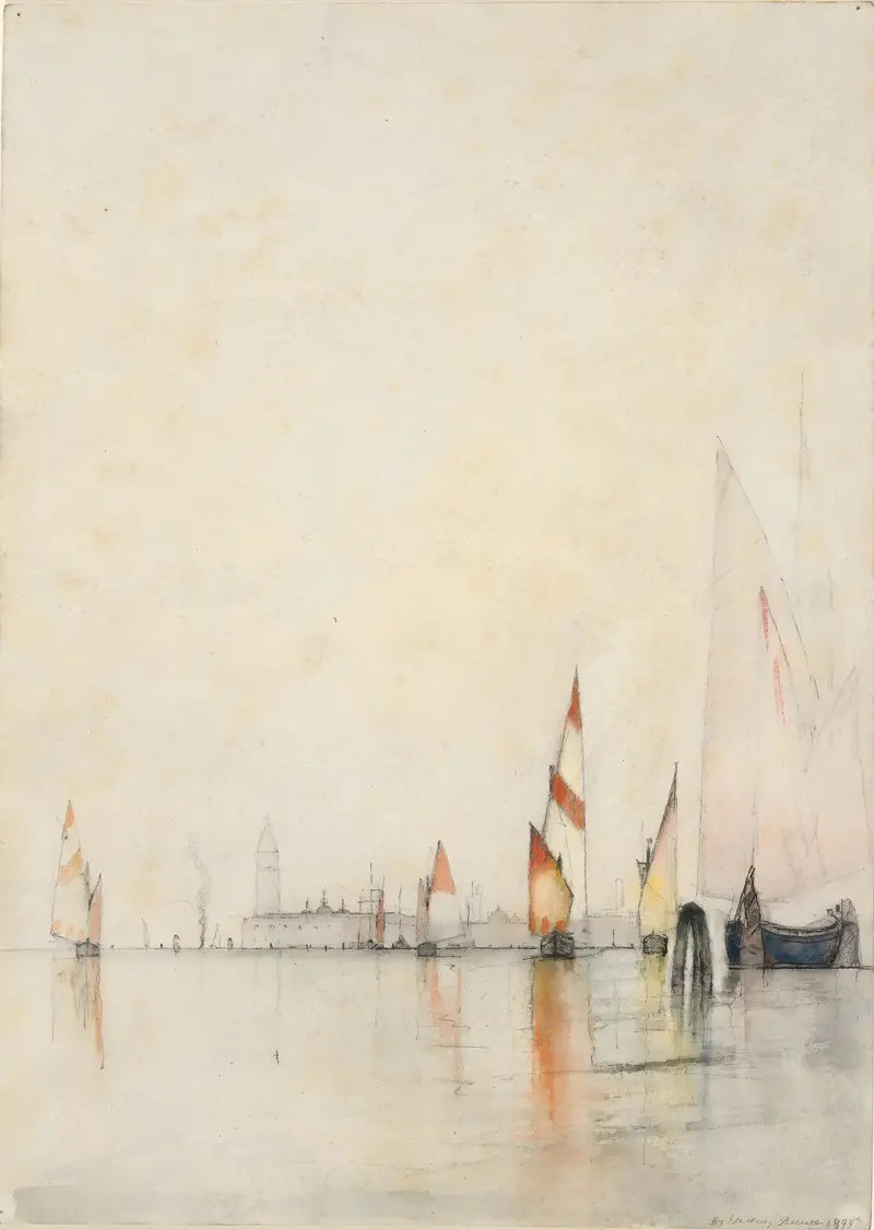 Boats on the lagoon at twilight by William Gedney Bunce, oil painting