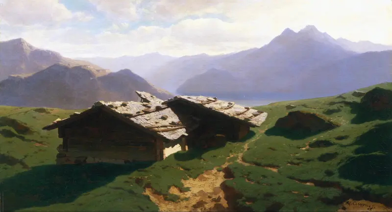 A path leads to two weathered chalets, surrounded by green and distant blue mountains.