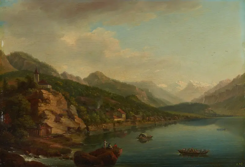 Landscape of Vue du Village et du Lac de Brientz by Johann Ludwig Aberli, medium unknown.