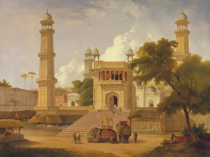 Architecture of Indian temple by Thomas Daniell, 1827, featuring intricate spires.