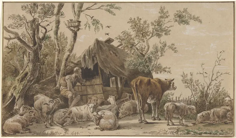 Herder bij stal by Christiaan Josi, oil on canvas depicting a herder in a stable at twilight.