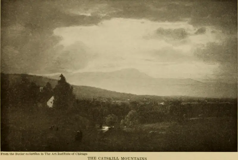 Catskill Mountains by George Inness, oil painting depicting serene mountains in twilight mist