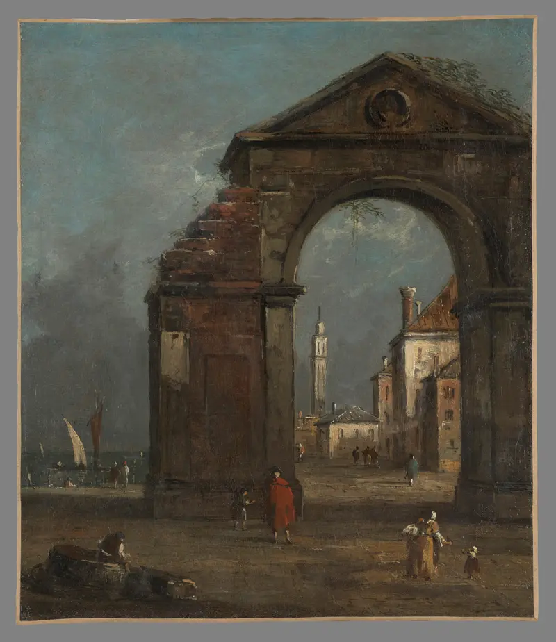 Rococo landscape with ruins and a serene lagoon by Francesco Guardi