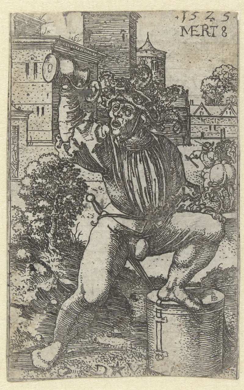Figurative etching by Dirck Vellert featuring a tambourine player in vibrant colors.