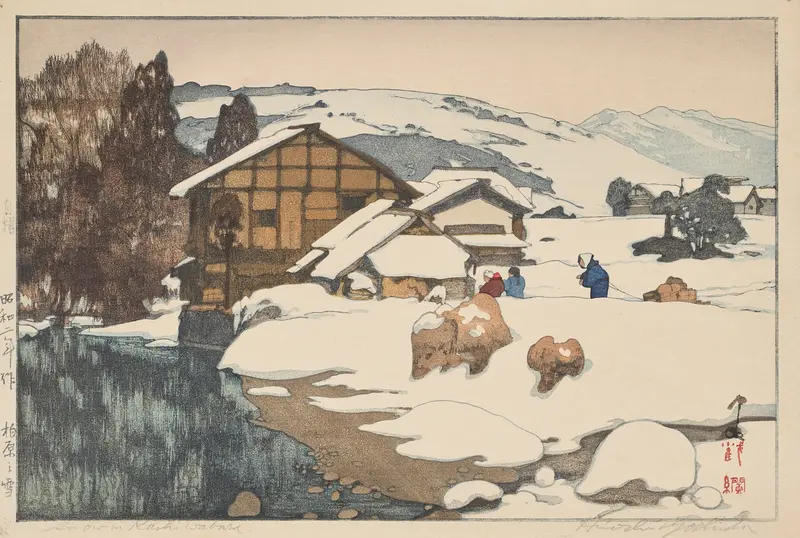 Kashiwabara no yuki, woodblock print by Yoshida Hiroshi, depicting a tranquil winter village.