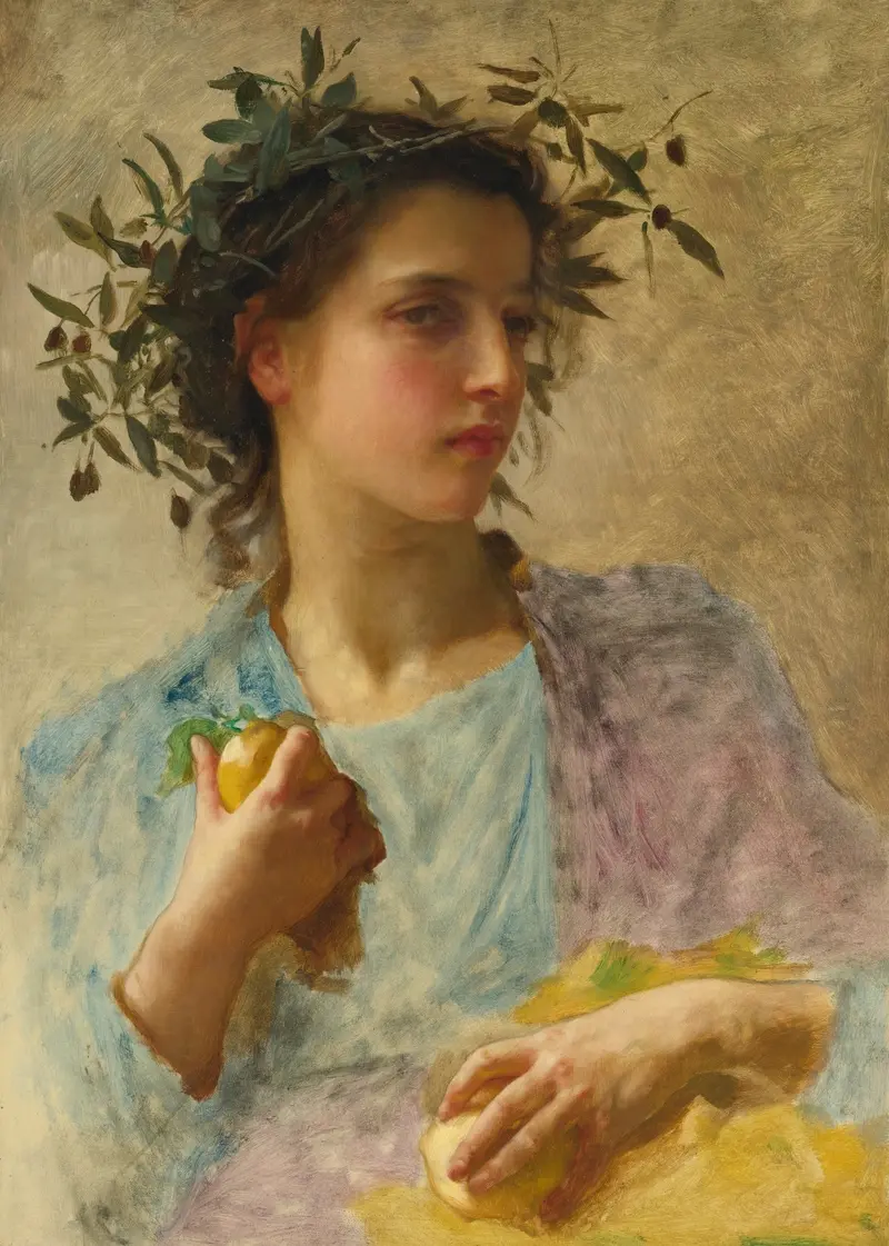 A depiction of summer featuring a young woman in a lush landscape.